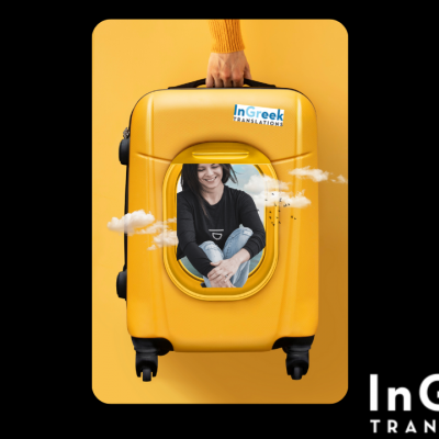 yellow suitcase with the picture of a woman professional translator in a window shaped frame in the middle